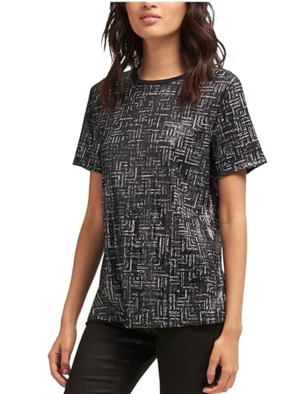 DKNY New Micro Sequin Embellished MetoS Top T-Shirt Preppy Black Silver Crew Tee